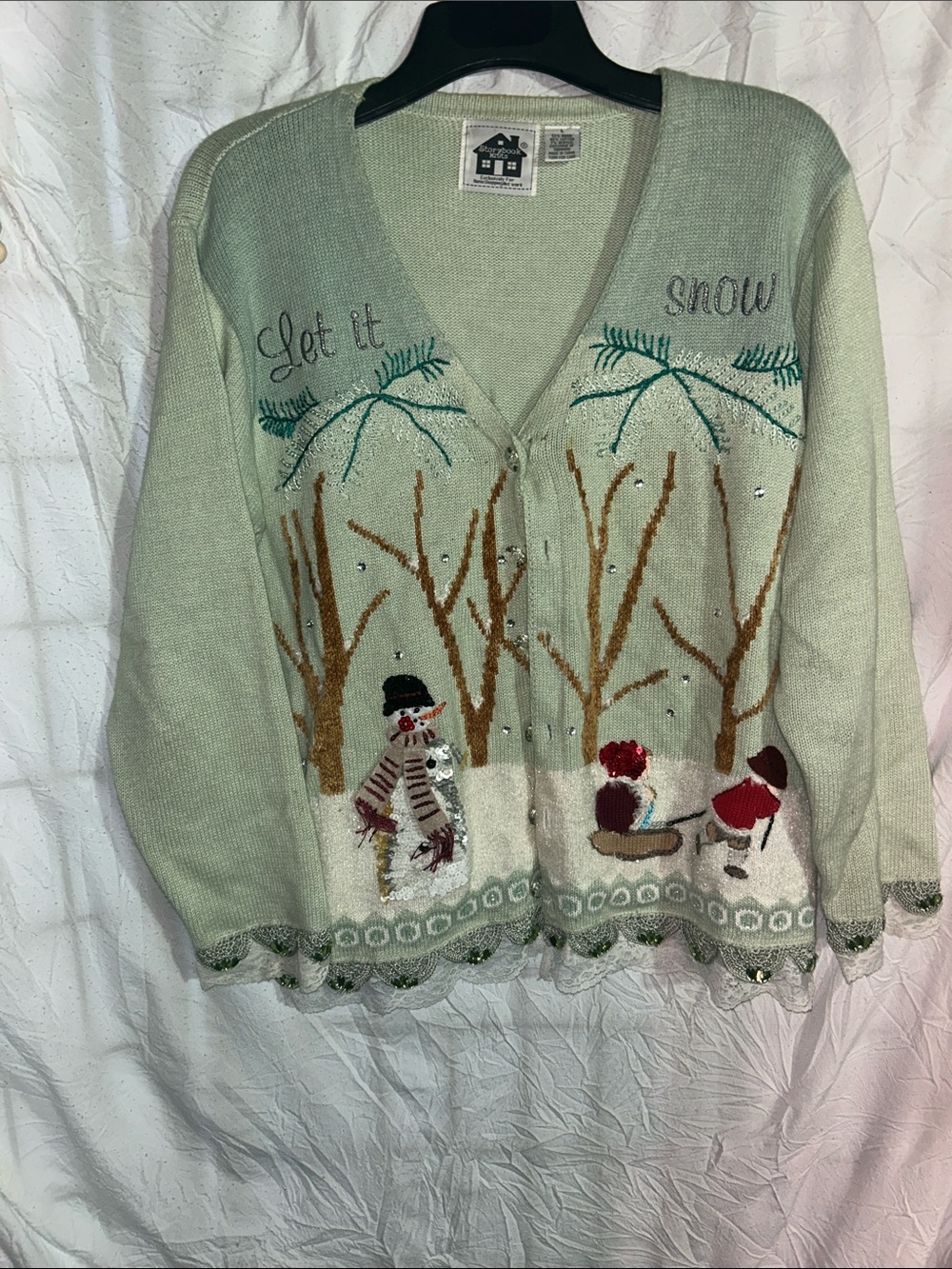 Storybook Knits Light Mint Green 'Let It Snow' Embroidered Holiday Sweater sz l